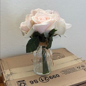 Elegant Cream and Pink Faux Rose Arrangement in Glass Vase